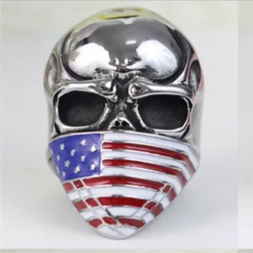 NWT Mens Stainless Steel Biker Design USA Flag Face Mask Skull Ring 8 9 10 11